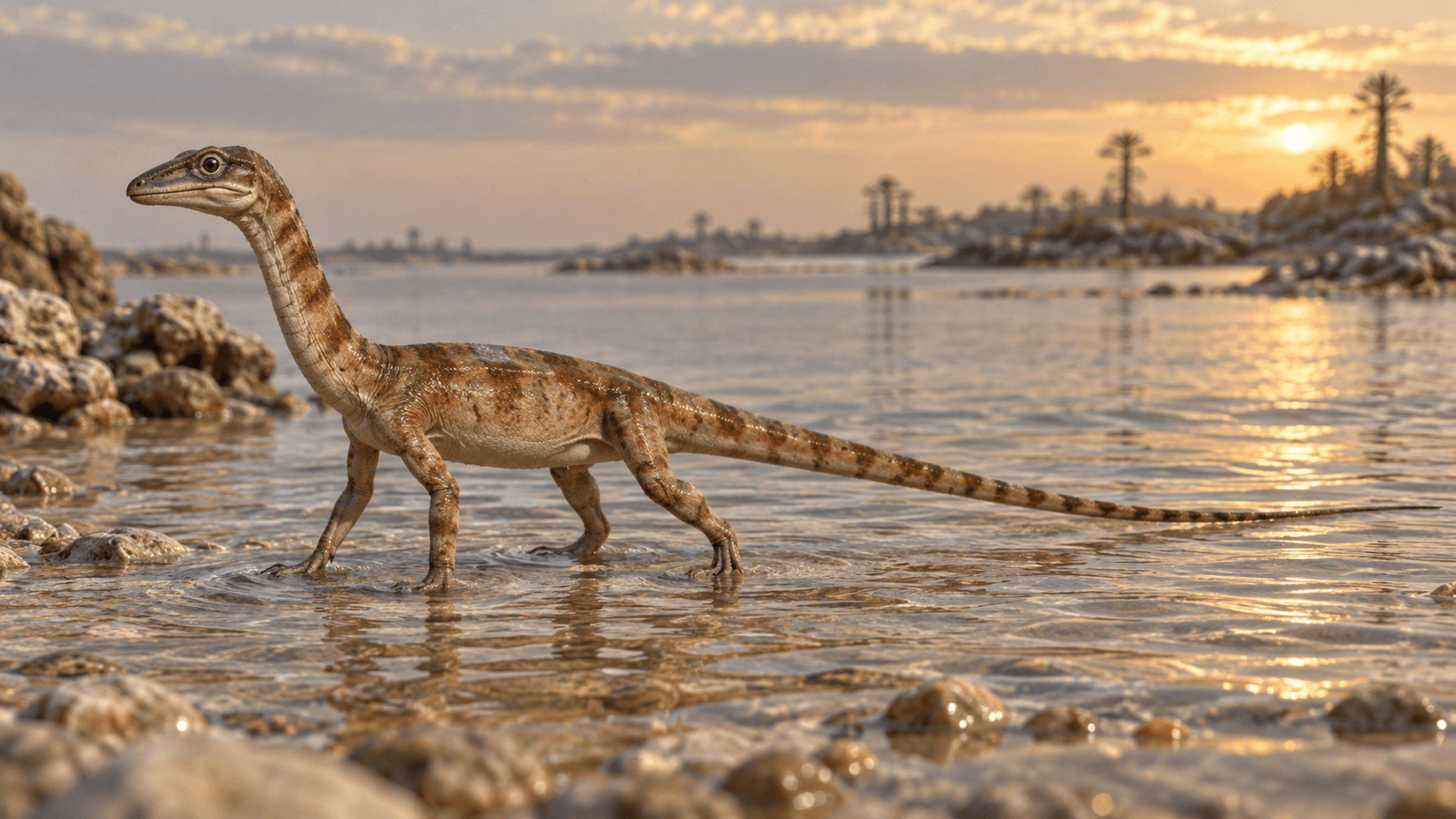 KI-Lebendrekonstruktion von Simonettoia tilaventina, einem neu beschriebenen Trias-Reptil aus Nordostitalien. Kopfform, Schwanz und Färbung sind unsicher und wurden anhand verwandter Arten rekonstruiert.