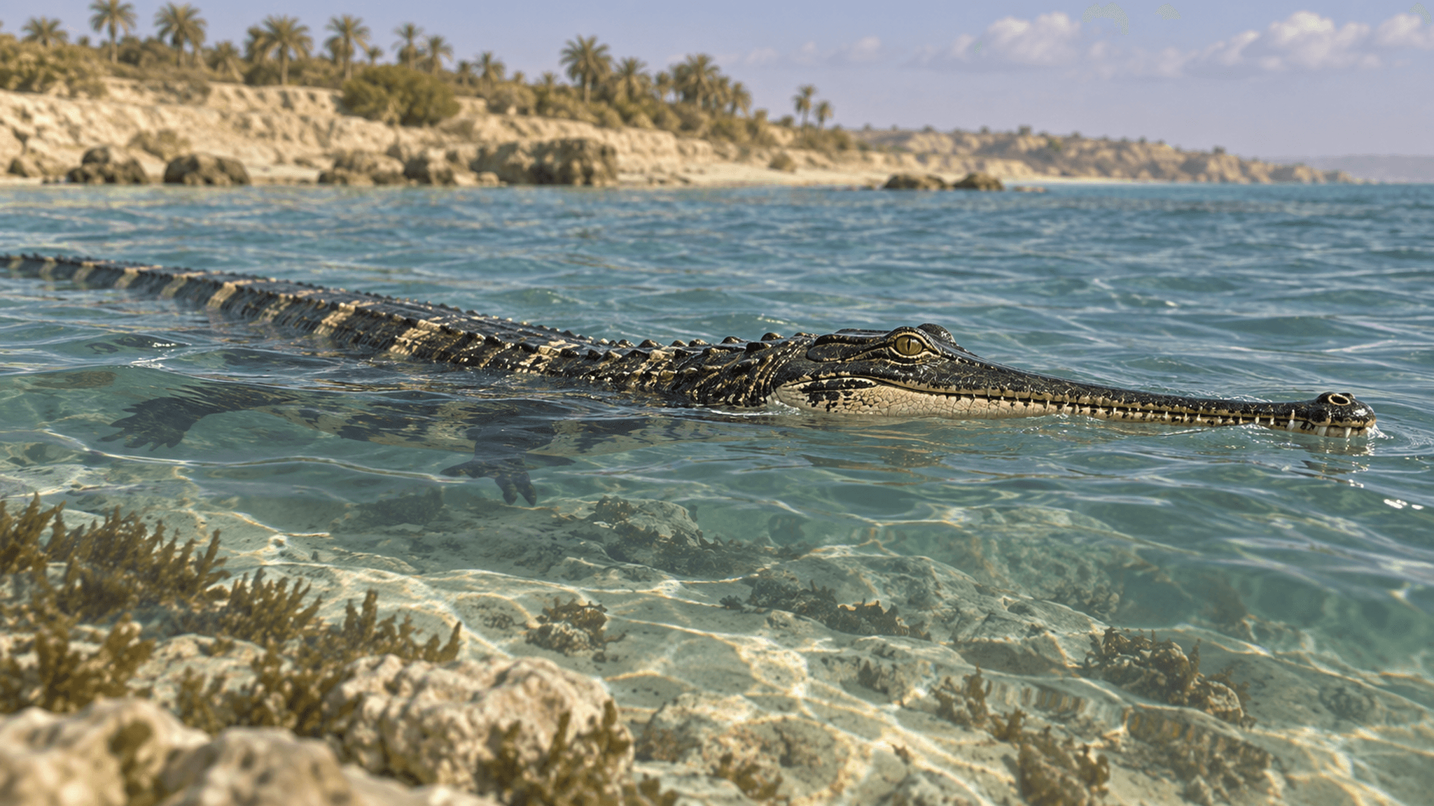 AI life reconstruction of Herugavialis cairensis in a warm, shallow coastal sea of Middle Eocene Egypt; body form and coloration are reconstructed.