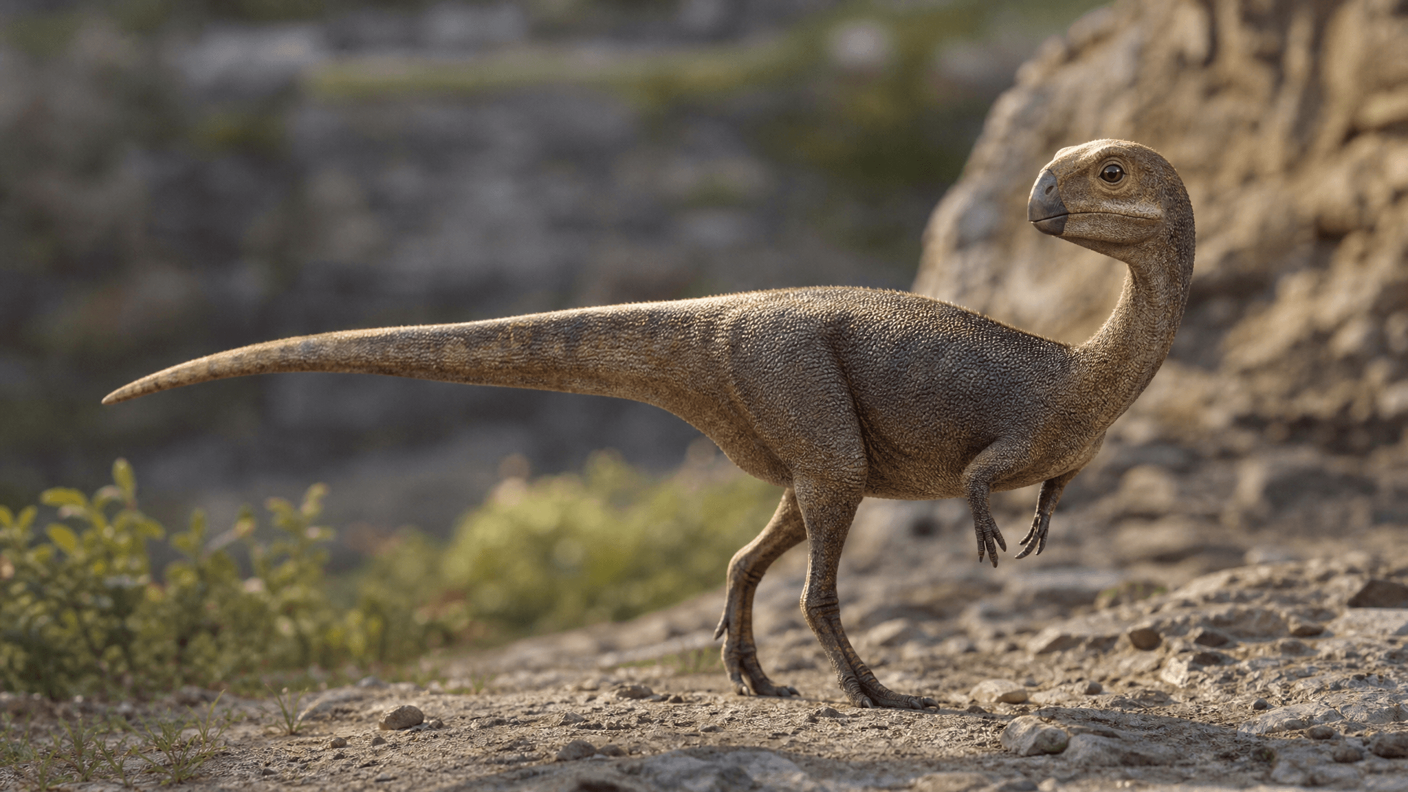 Künstlerische Rekonstruktion von Doolysaurus huhmini, einer neuen kleinen neornithischischen Dinosaurierart aus der mittleren Kreidezeit Koreas.