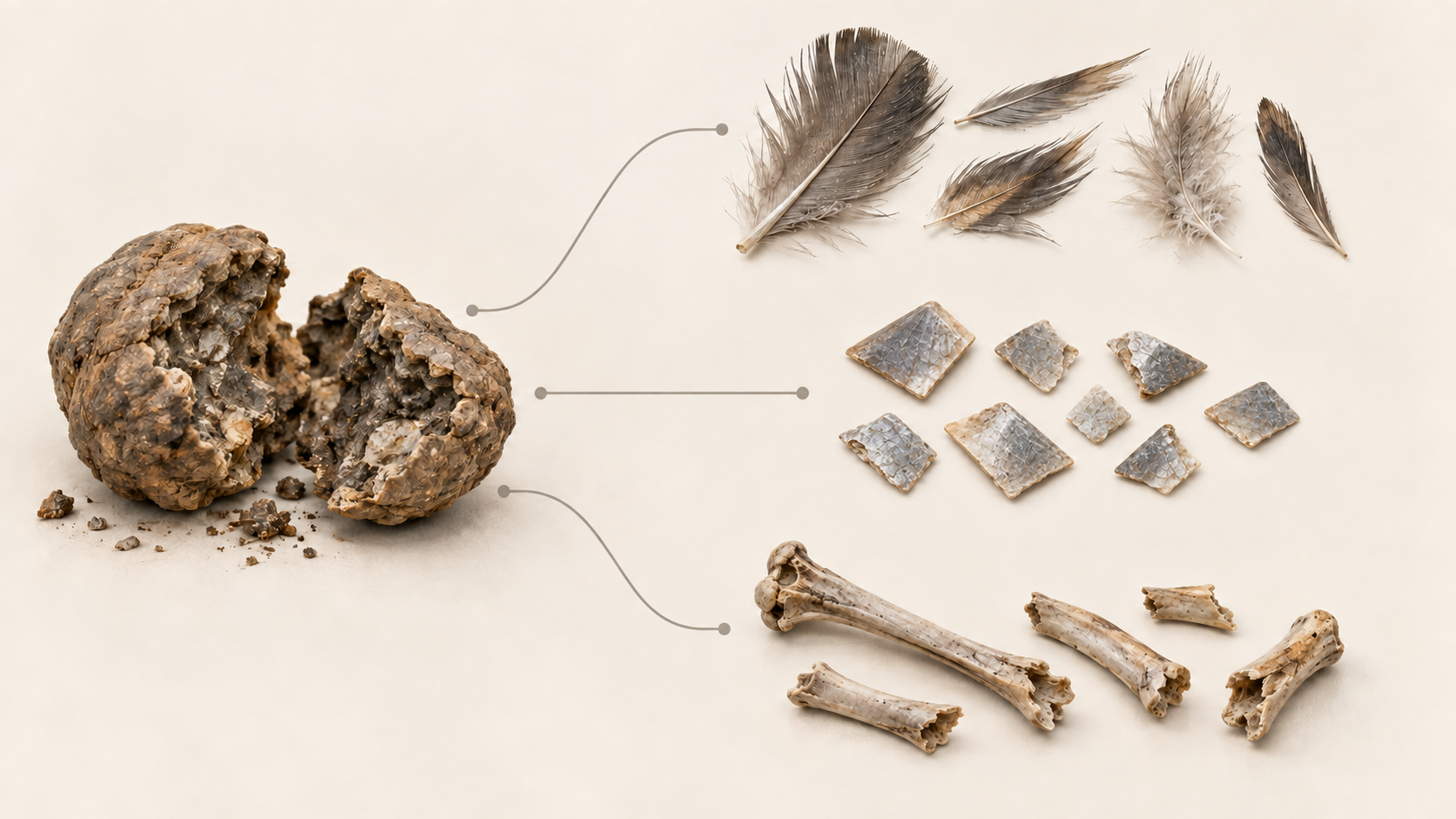 Schematische Fundbestandteile: Federn, Fischschuppen und Vogelbeinknochen. Anordnung, Größe und Anzahl sind schematisch; keine CT-Originalansicht. Die Zuordnung der Federn zum Wasservogel ist eine Schlussfolgerung.