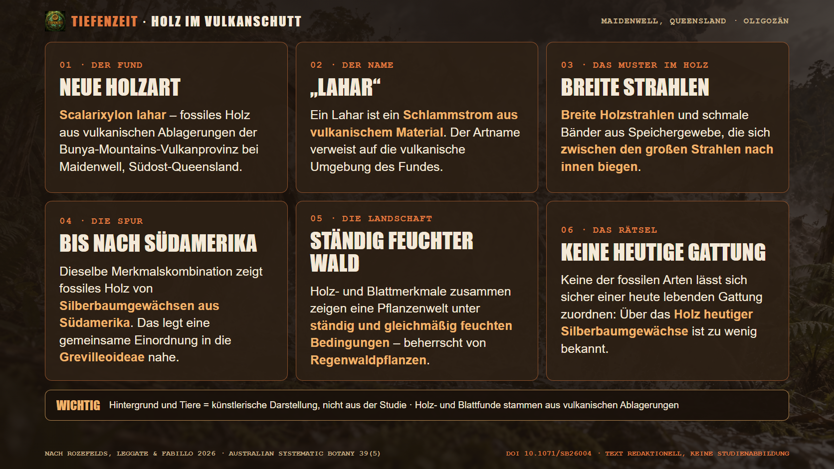 Tiefenzeit-Infografik: Was das fossile Holz Scalarixylon lahar verrät. Texte nach Rozefelds, Leggate und Fabillo (2026), DOI 10.1071/sb26004; keine Studienabbildung.