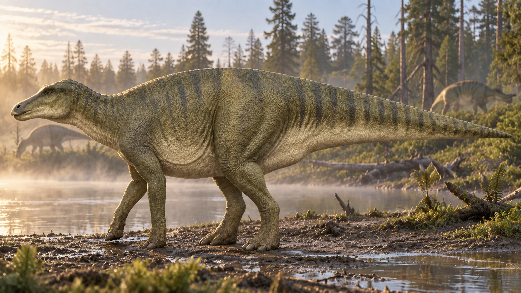 KI-Lebendrekonstruktion eines Edmontosaurus annectens an einem Fluss der Hell-Creek-Formation. Körperbau nach dem Tiefenzeit-Master; Färbung und Muster sind spekulativ.