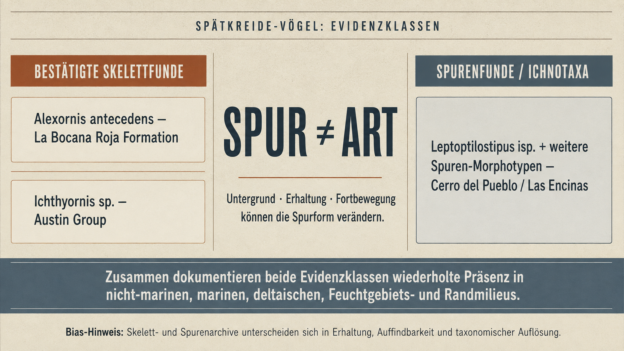 Evidenzgrafik zu Knochenfunden, Spurnachweisen und der Grenze zwischen Spurform und biologischer Art bei Kreidevögeln in Mexiko.