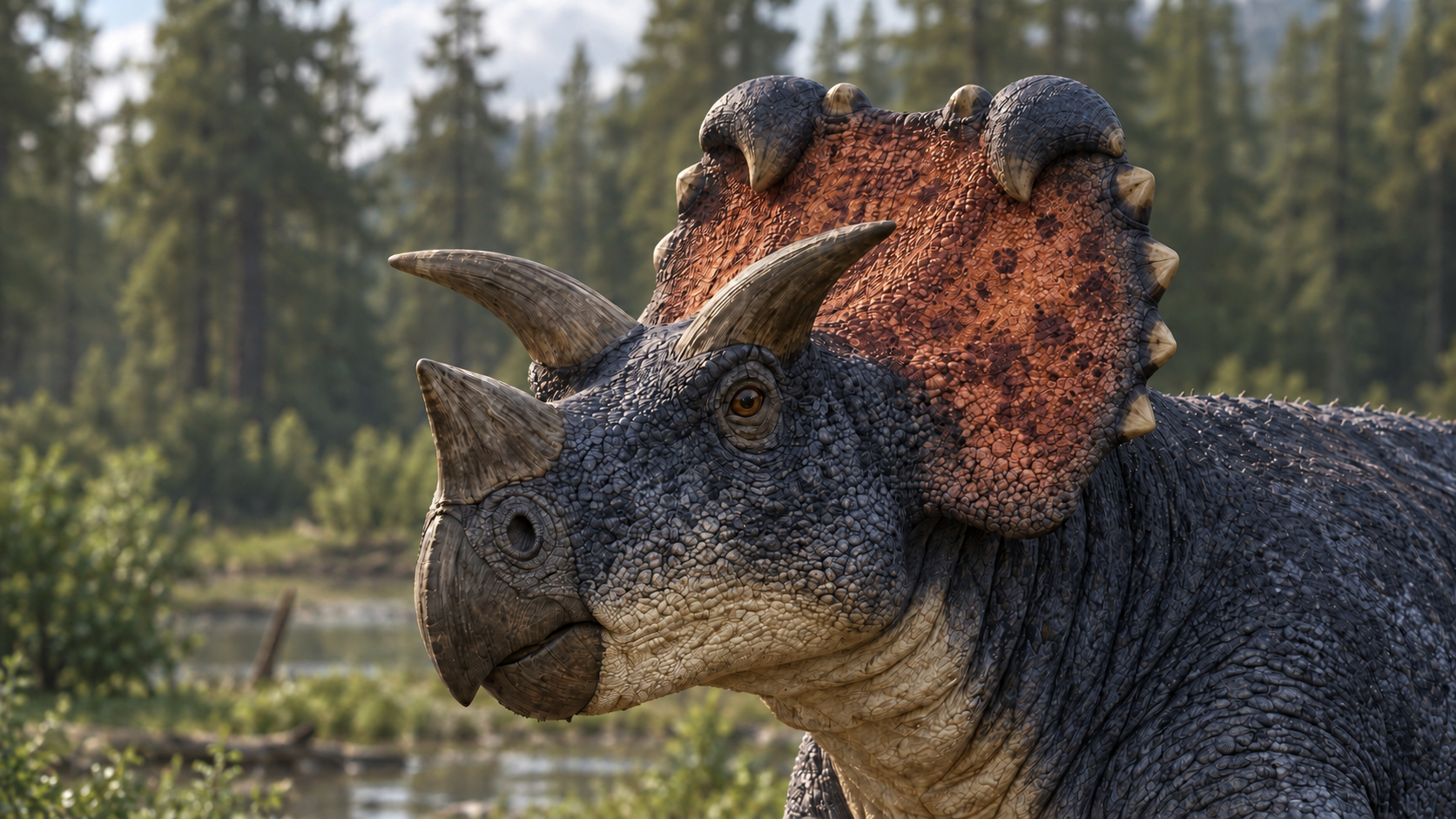 Medusaceratops lokii mit korrigierten Schildhaken. Kupferrot, Indigo und Elfenbein sind eine spekulative Farbgestaltung, keine fossil belegten Farben. KI-Lebendrekonstruktion; nicht das verletzte Individuum.