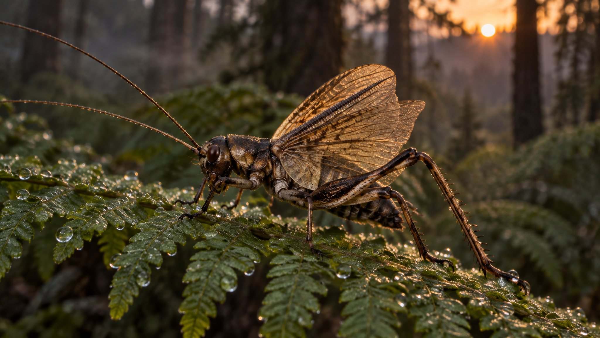 Fotorealistische Rekonstruktion einer Langfühlerschrecke des Mittleren Jura mit angehobenen Vorderflügeln im Waldunterholz (Illustration)