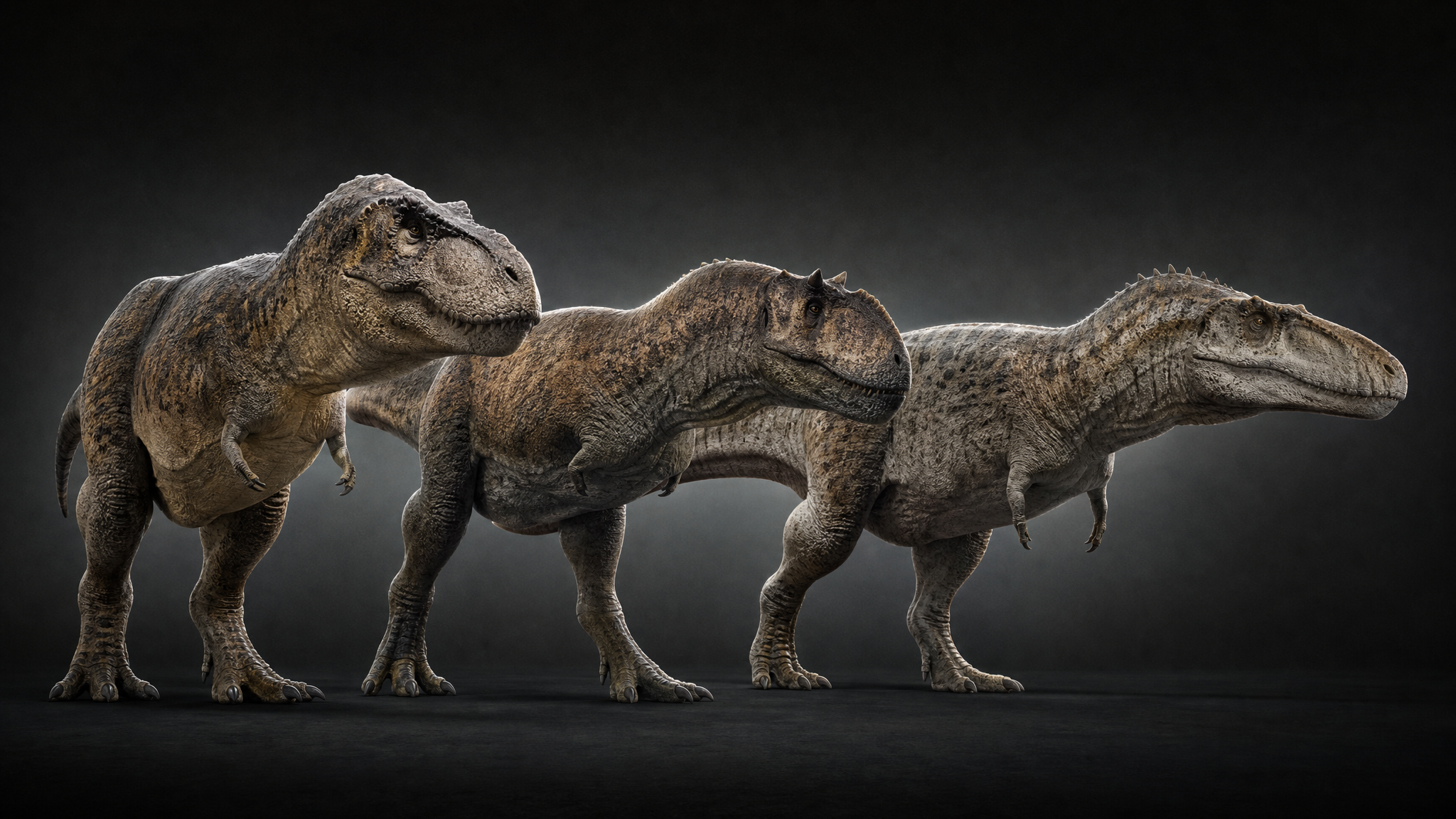 Künstlerische Rekonstruktion des im Paper beschriebenen Musters: robuste Theropoden-Schädel im Kontrast zu reduzierten Vorderarmen.