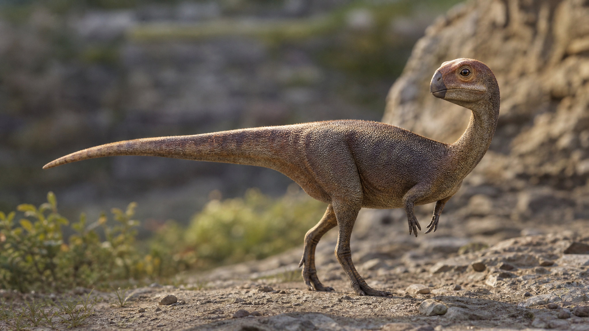 Künstlerische Rekonstruktion von Doolysaurus huhmini, einer neuen kleinen neornithischischen Dinosaurierart aus der mittleren Kreidezeit Koreas.